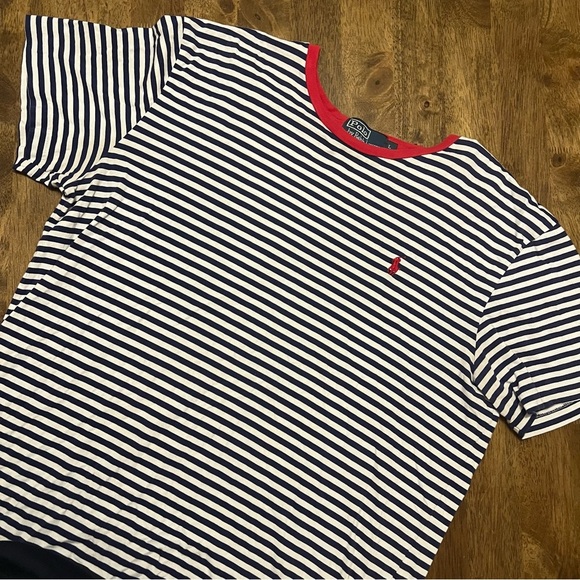 Polo Ralph Lauren Men’s Striped Navy and White T-Shirt with Red Trim Large - Picture 1 of 10
